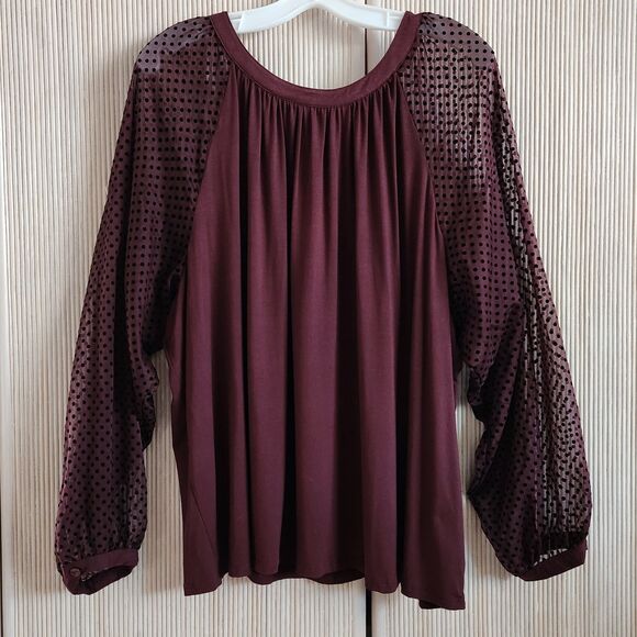 Zac & Rachel Woman Blouse Size 2X Burgundy Long Sheer Polka Dot Sleeves - Picture 1 of 7
